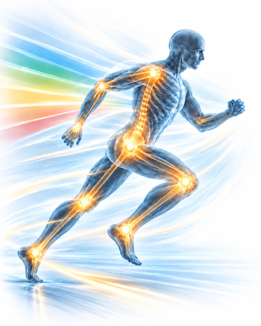A running human figure illuminated by prism light, representing connected whole-body movement